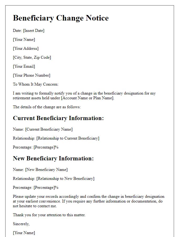 Letter template of beneficiary change notice for retirement assets