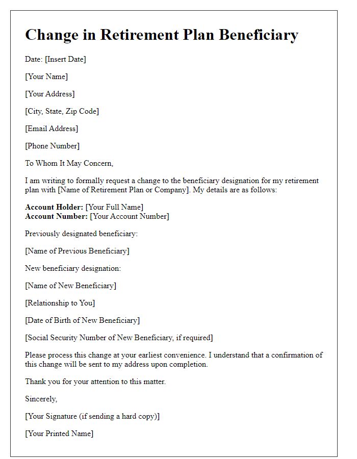 Letter template of change in retirement plan beneficiary