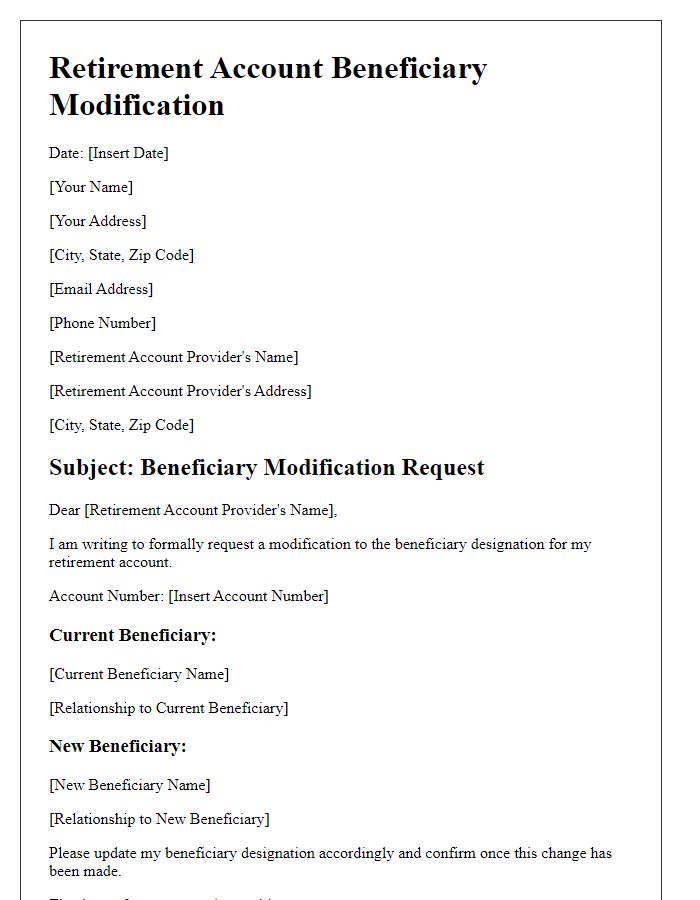 Letter template of retirement account beneficiary modification