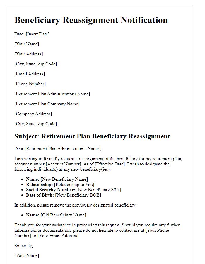 Letter template of retirement plan beneficiary reassignment