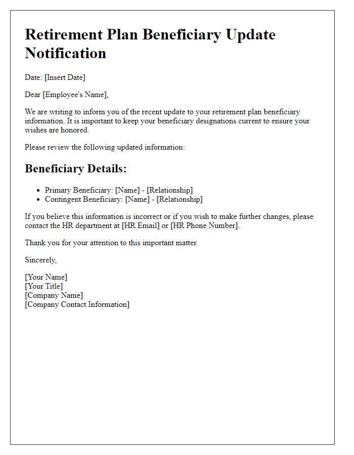 Letter template of retirement plan beneficiary update notification