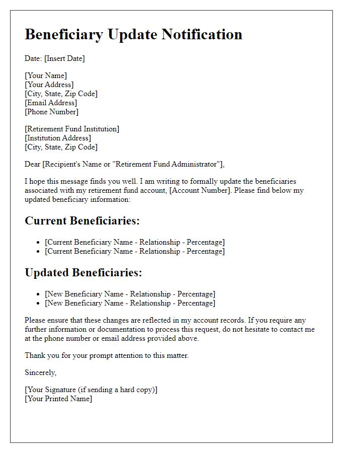 Letter template of updating beneficiaries in retirement funds