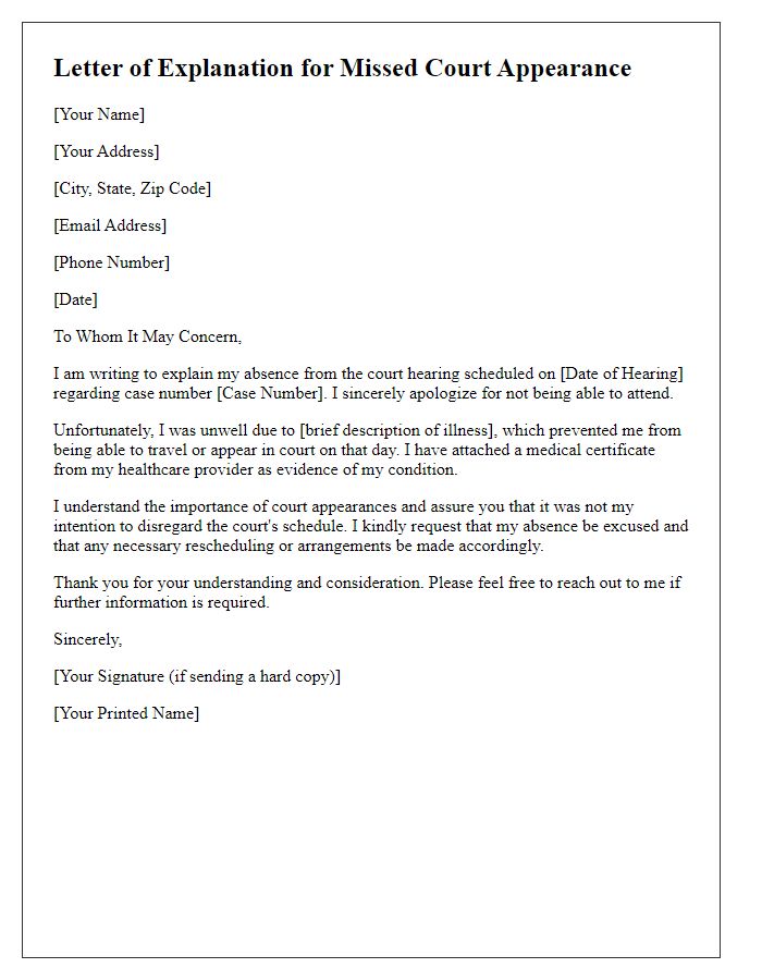 Letter template of explanation for missed court appearance due to illness.