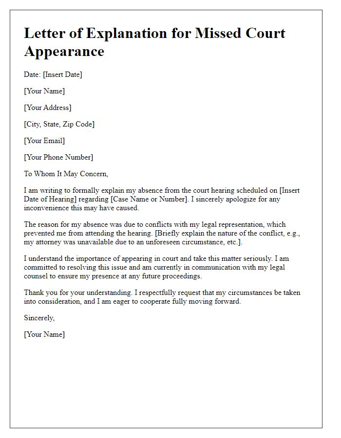 Letter template of explanation for missed court appearance due to legal representation conflicts.