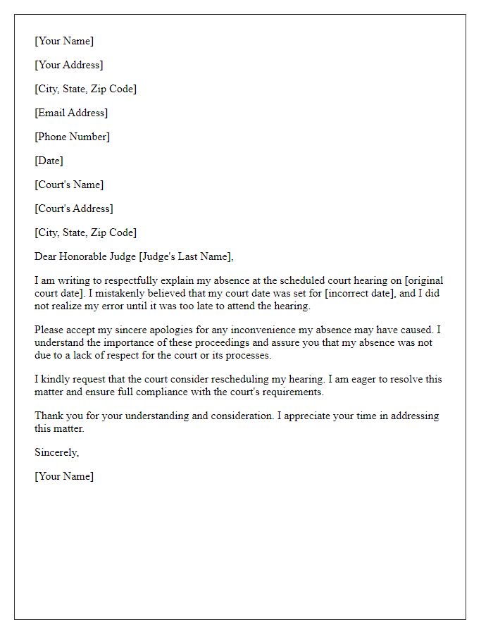 Letter template of explanation for missed court appearance due to misunderstanding of date.