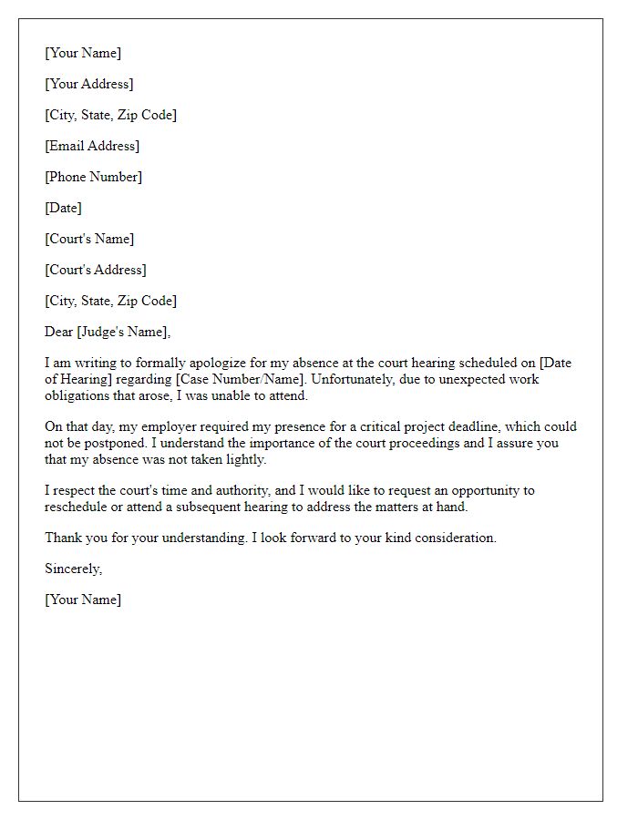 Letter template of explanation for missed court appearance due to work obligations.