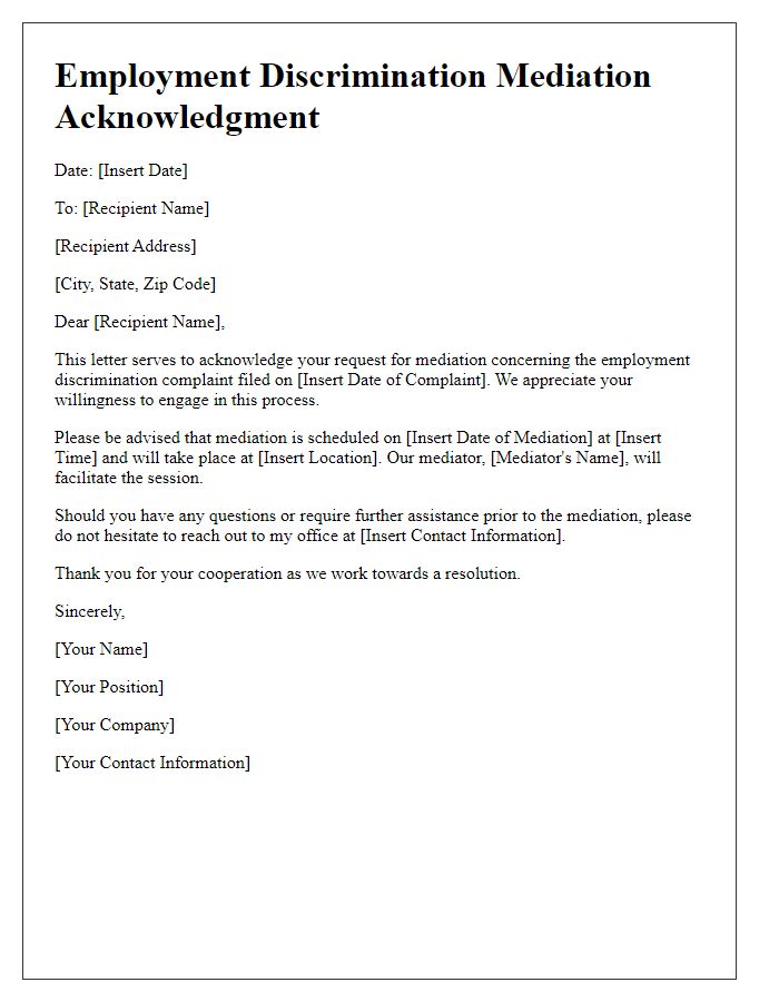 Letter template of employment discrimination mediation acknowledgment