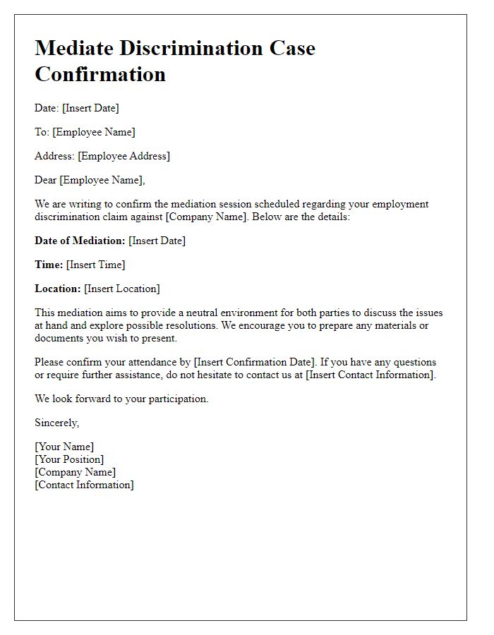 Letter template of employment discrimination mediation confirmation