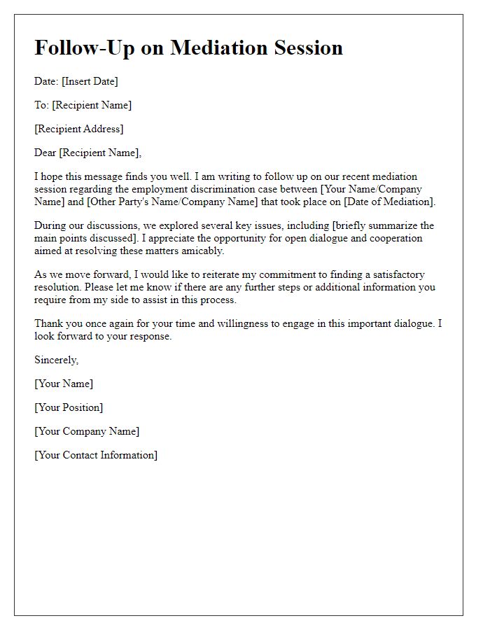 Letter template of employment discrimination mediation follow-up