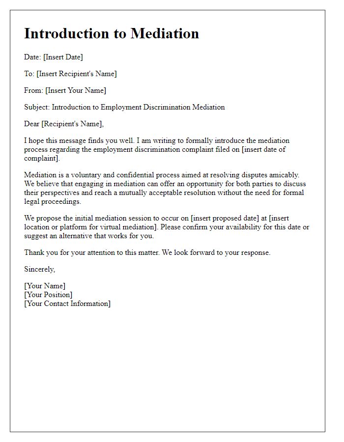 Letter template of employment discrimination mediation introduction