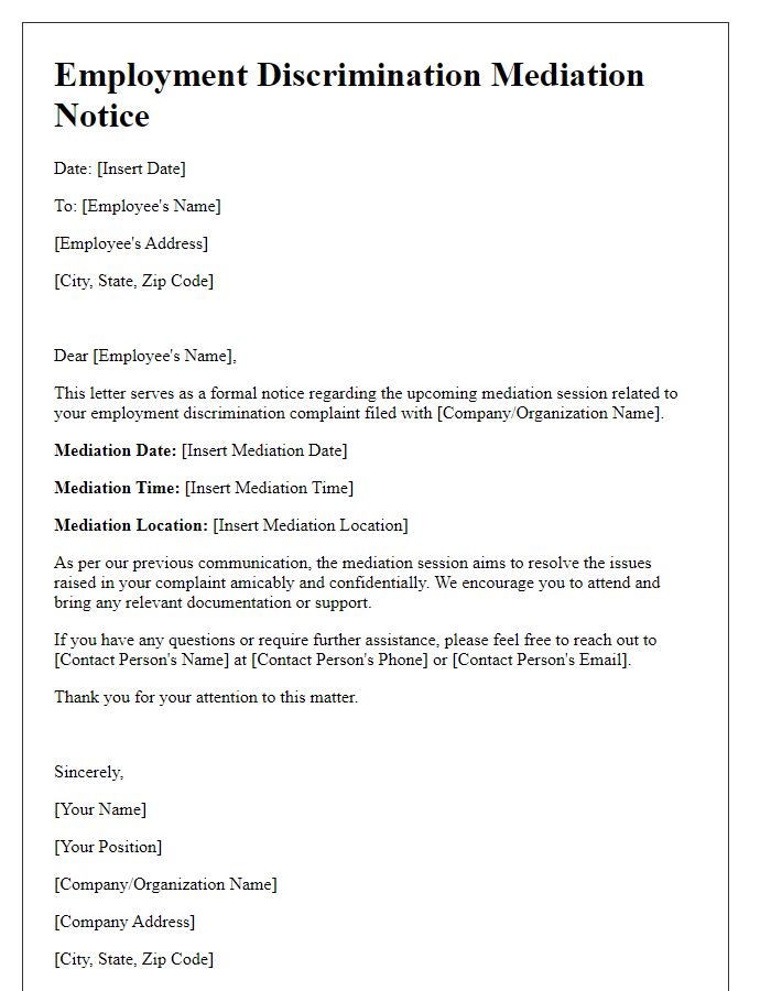 Letter template of employment discrimination mediation notice