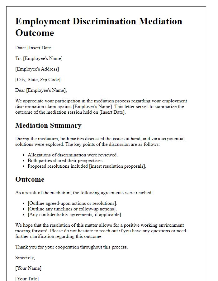 Letter template of employment discrimination mediation outcome