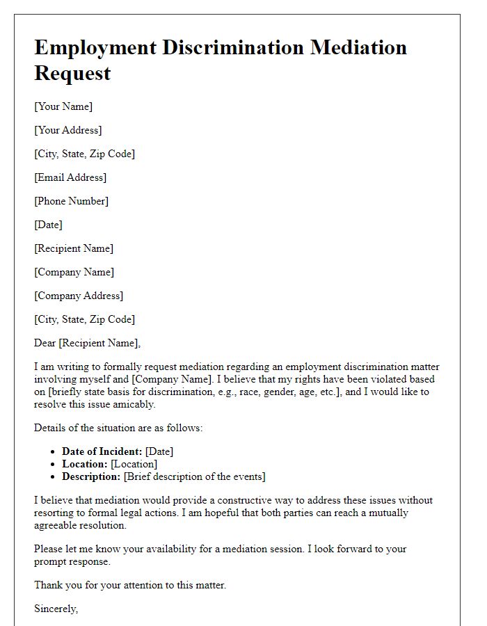 Letter template of employment discrimination mediation request