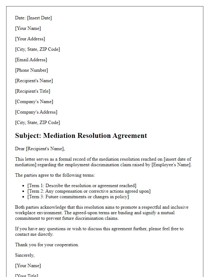 Letter template of employment discrimination mediation resolution