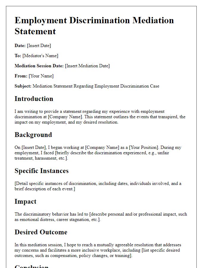 Letter template of employment discrimination mediation statement