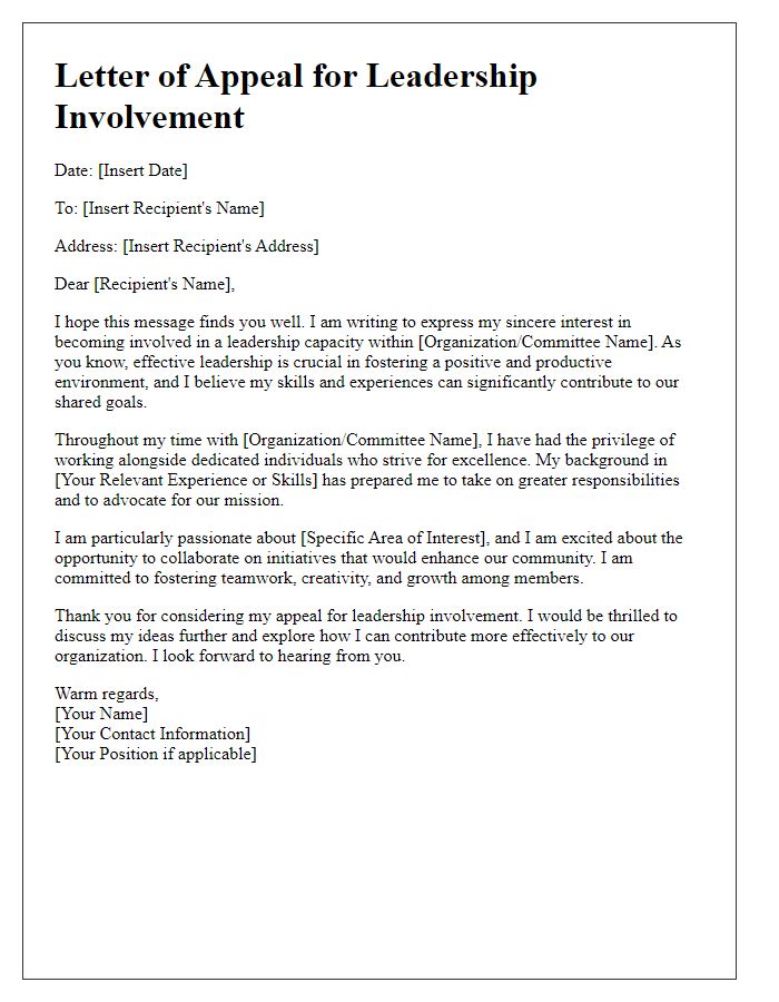 Letter template of appeal for prospective leadership involvement