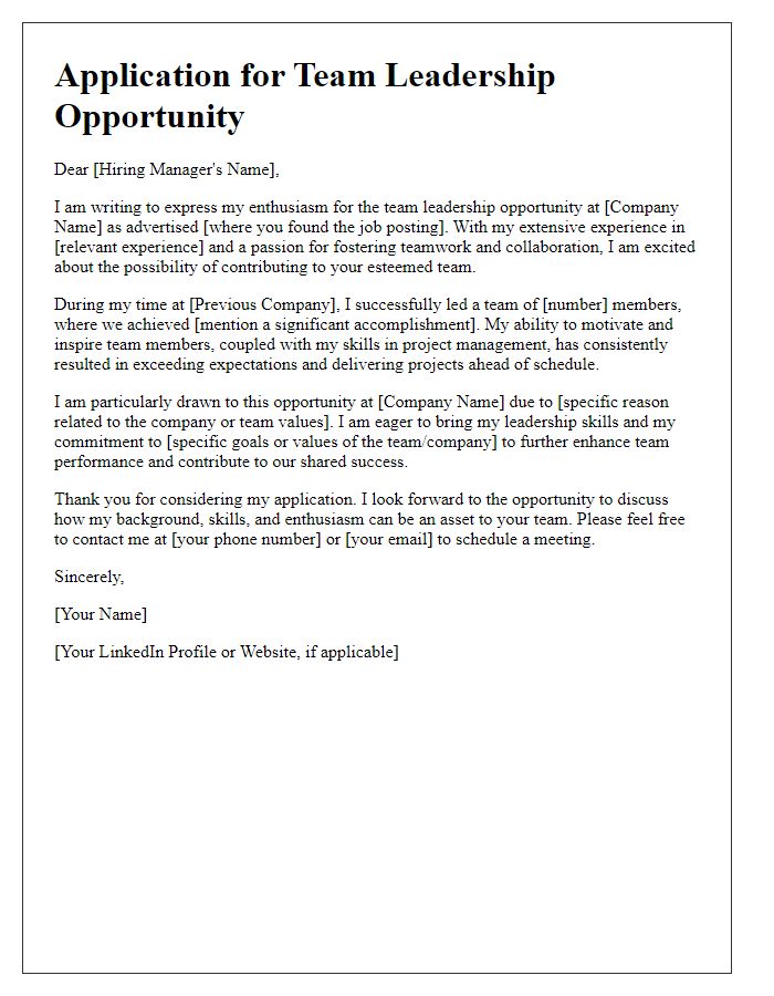 Letter template of enthusiasm for team leadership opportunity