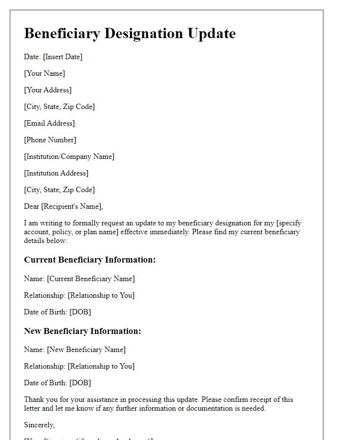 Letter template of beneficiary designation update