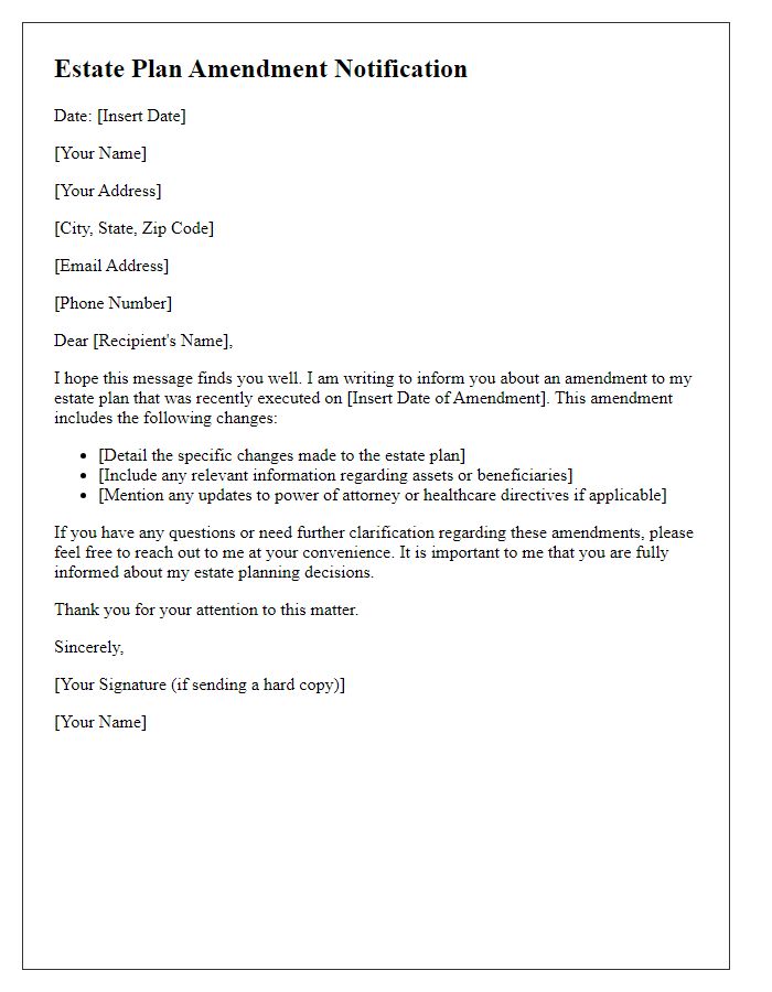 Letter template of estate plan amendment communication