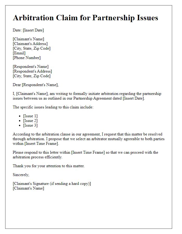 Letter template of arbitration claim for partnership issues