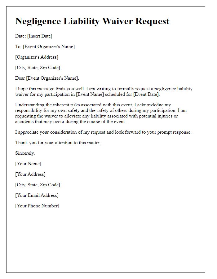 Letter template of negligence liability waiver request for event participation.