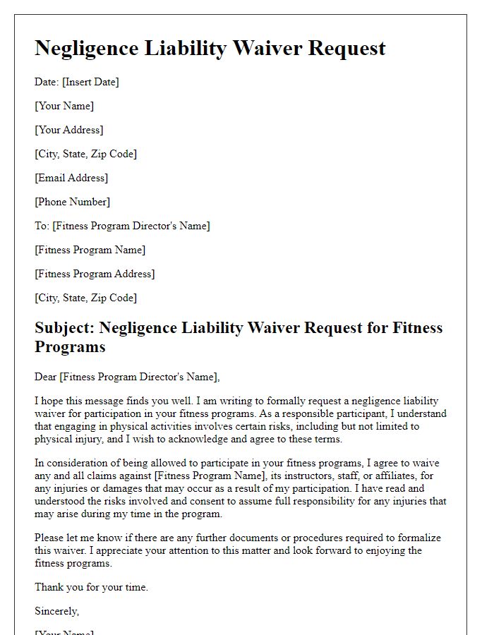 Letter template of negligence liability waiver request for fitness programs.