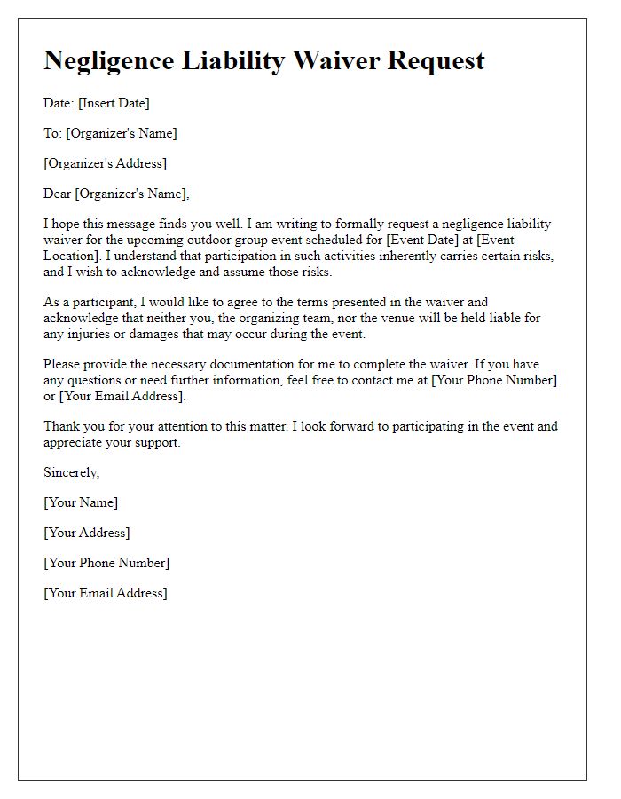 Letter template of negligence liability waiver request for outdoor group events.