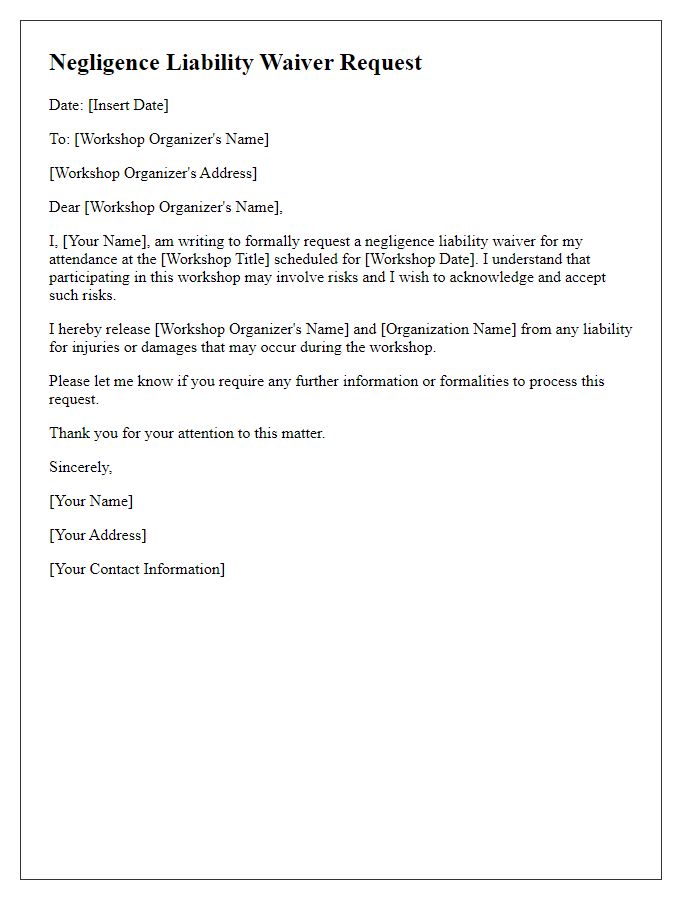 Letter template of negligence liability waiver request for workshop attendance.