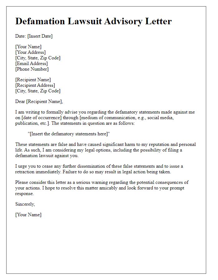 Letter template of defamation lawsuit advisory letter