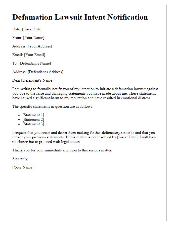 Letter template of defamation lawsuit intent notification