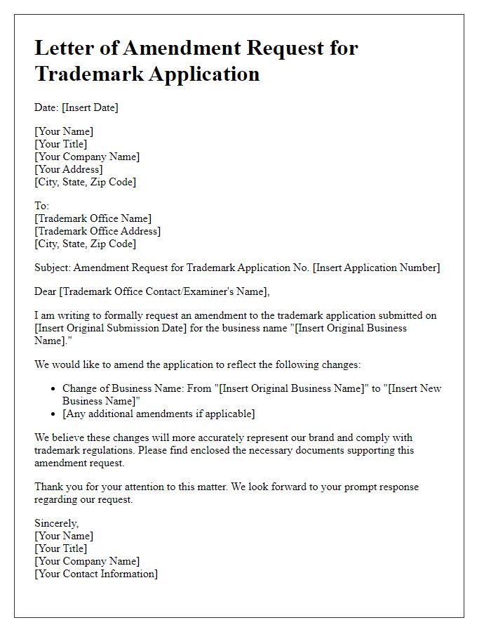 Letter template of amendment request for business name trademark application