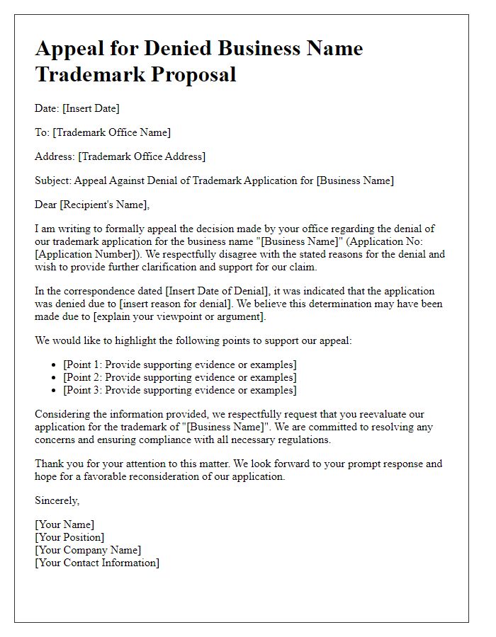 Letter template of appeal for denied business name trademark proposal