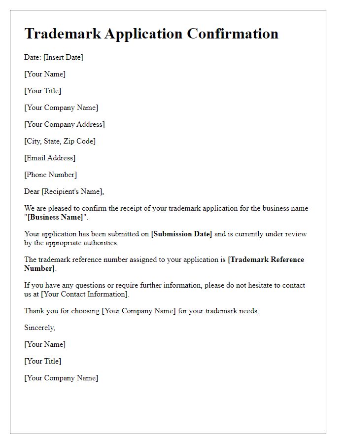 Letter template of confirmation for business name trademark application submission