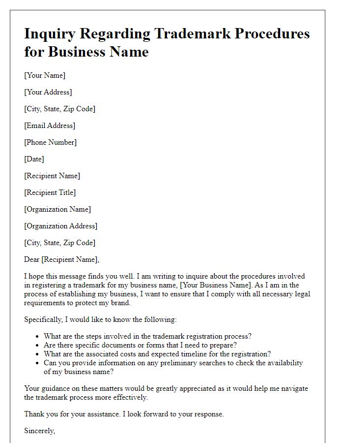 Letter template of inquiry regarding business name trademark procedures