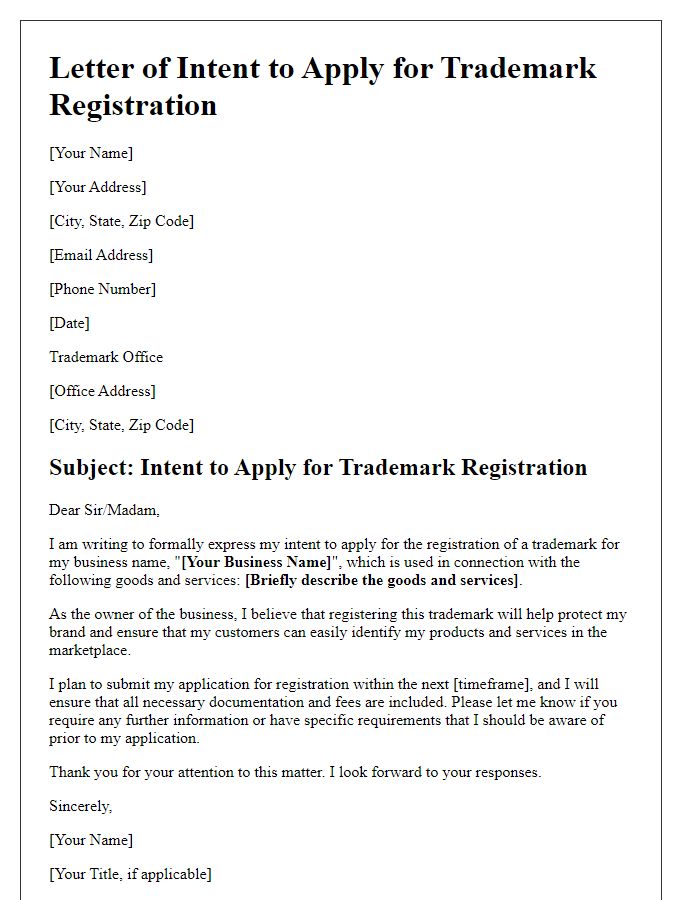 Letter template of intent to apply for business name trademark registration