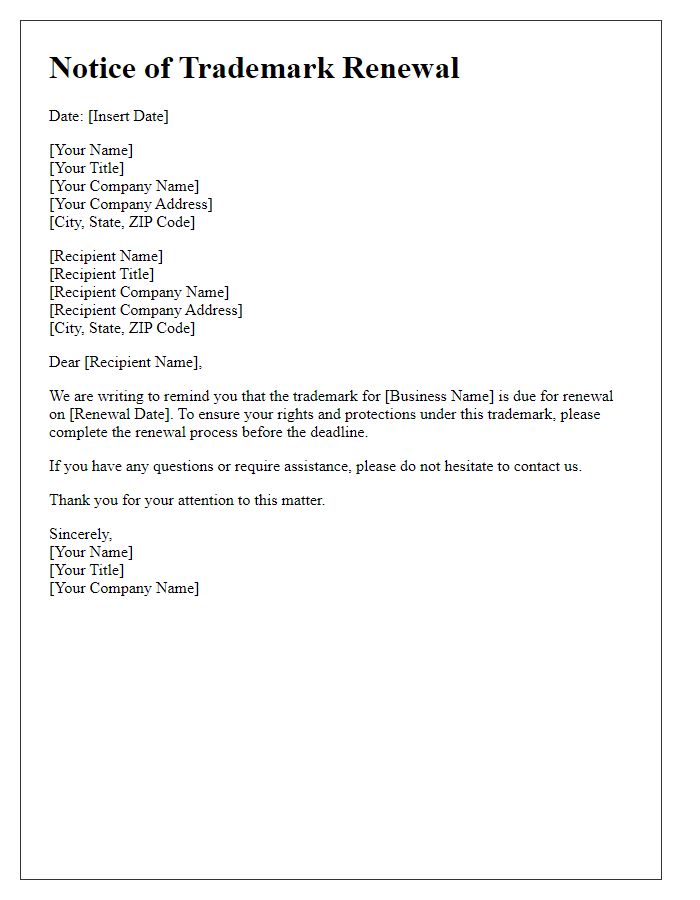 Letter template of notice for business name trademark renewal