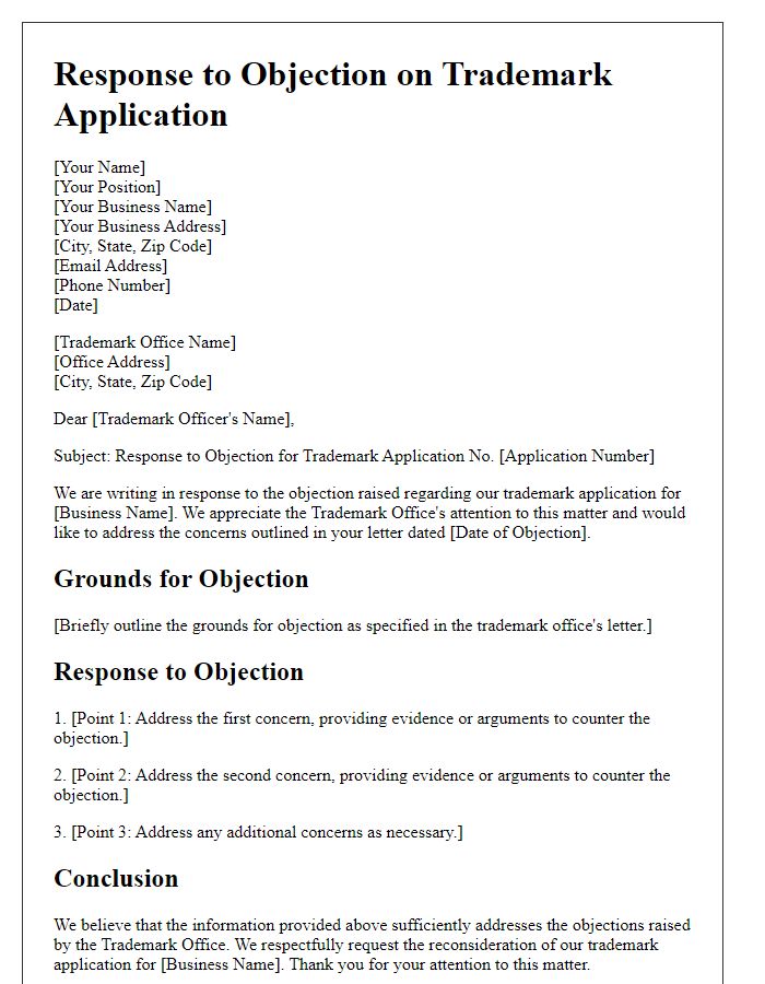 Letter template of objection response for business name trademark application