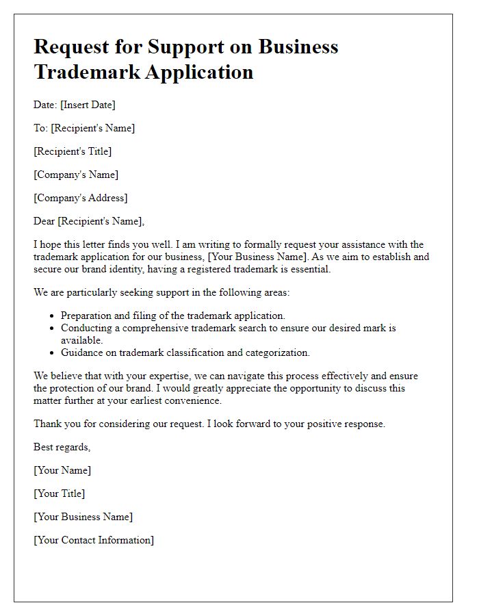 Letter template of request for business trademark application support