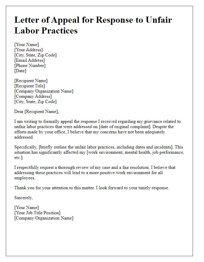 Letter template of appeal for response to unfair labor practices