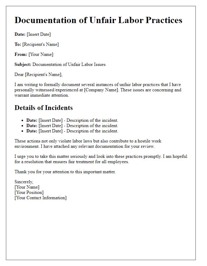 Letter template of documentation for unfair labor issues