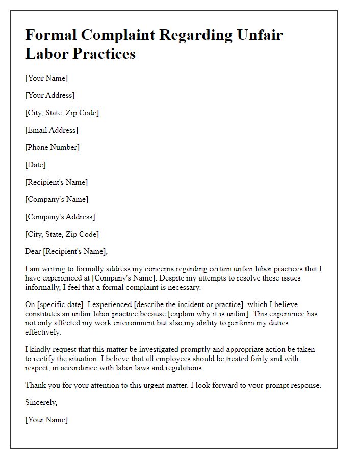 Letter template of formal complaint regarding unfair labor practices