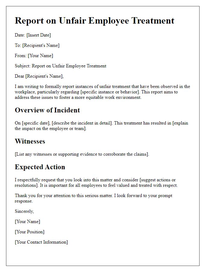 Letter template of report on unfair employee treatment