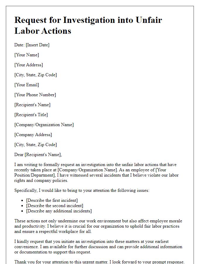 Letter template of request for investigation into unfair labor actions