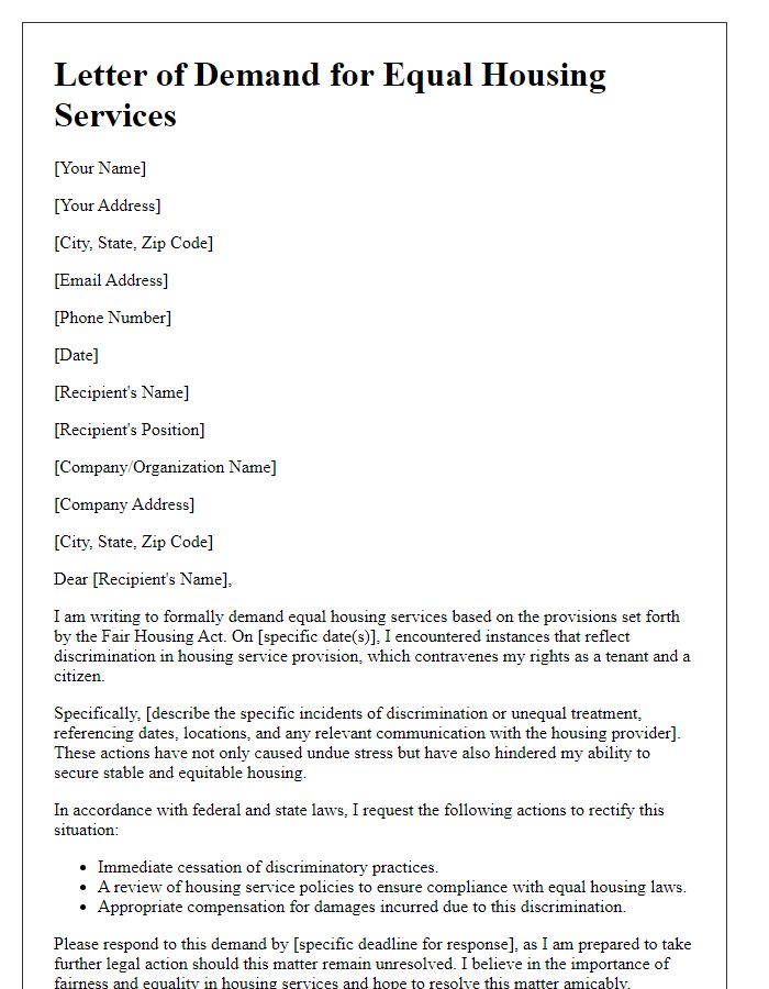 Letter template of demand for equal housing services