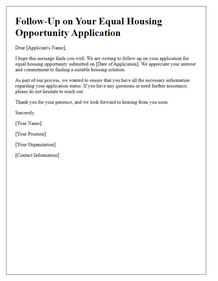 Letter template of follow-up on equal housing opportunity application