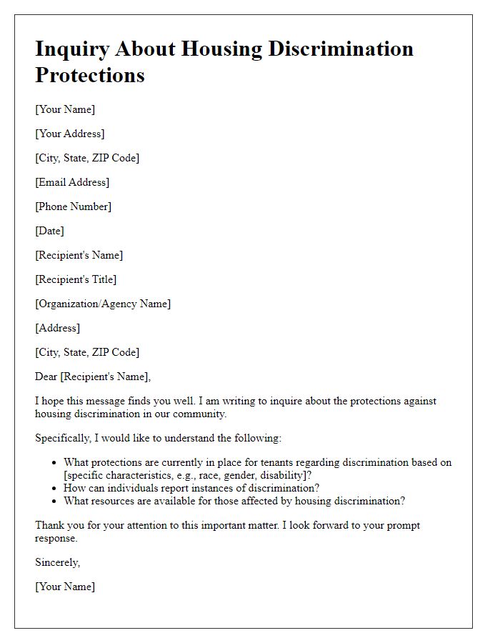 Letter template of inquiry about housing discrimination protections