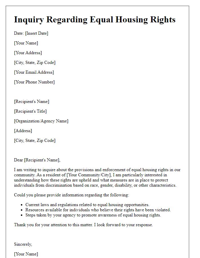 Letter template of inquiry regarding equal housing rights