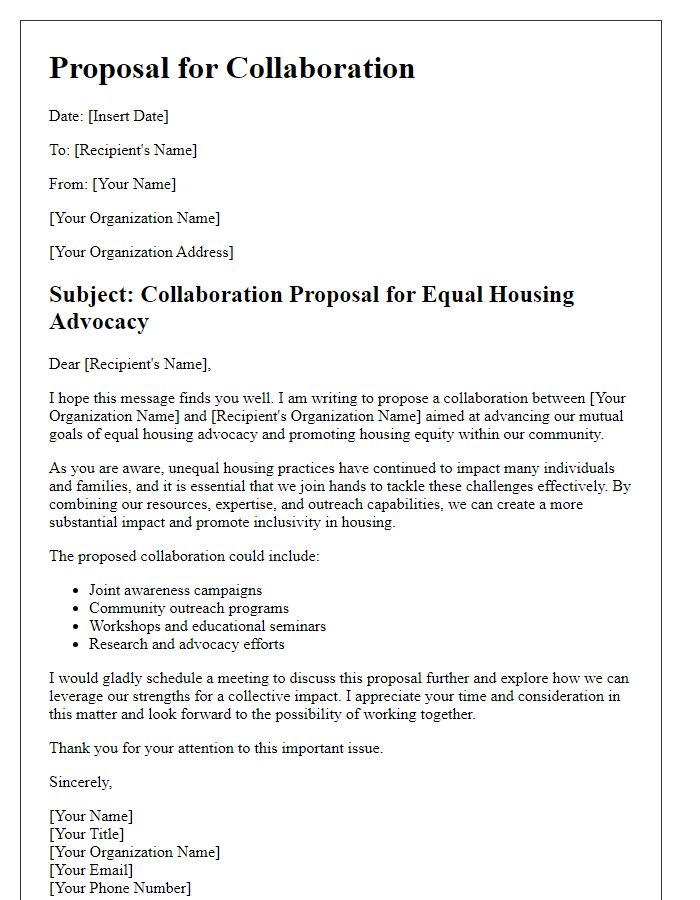 Letter template of proposal for equal housing advocacy collaboration