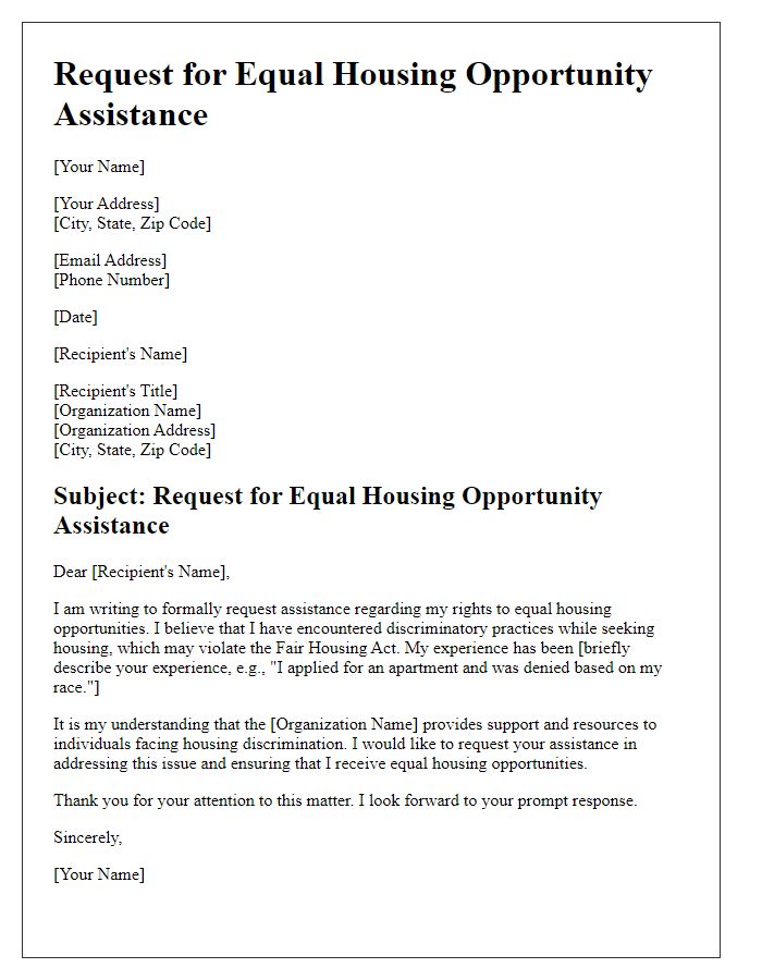 Letter template of request for equal housing opportunity assistance