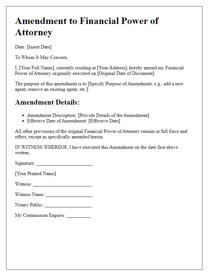 Letter template of financial power of attorney amendment